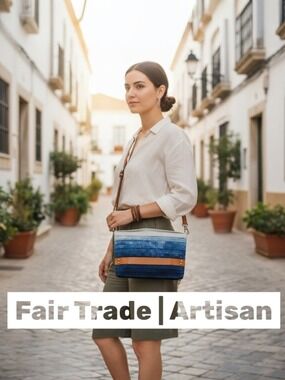 SERI Fair Trade Indigo Crossbody Bag Handwoven Textile Leather Strap Artisan